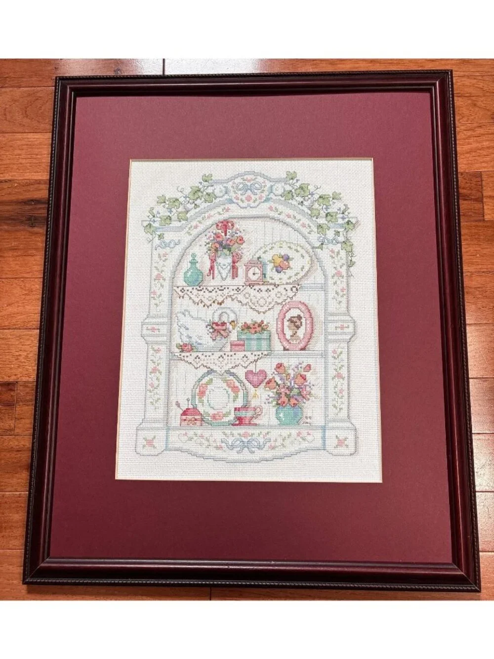 Framed Floral Cross-Stitch Art Shelf Burgundy Mat Wood Frame 18